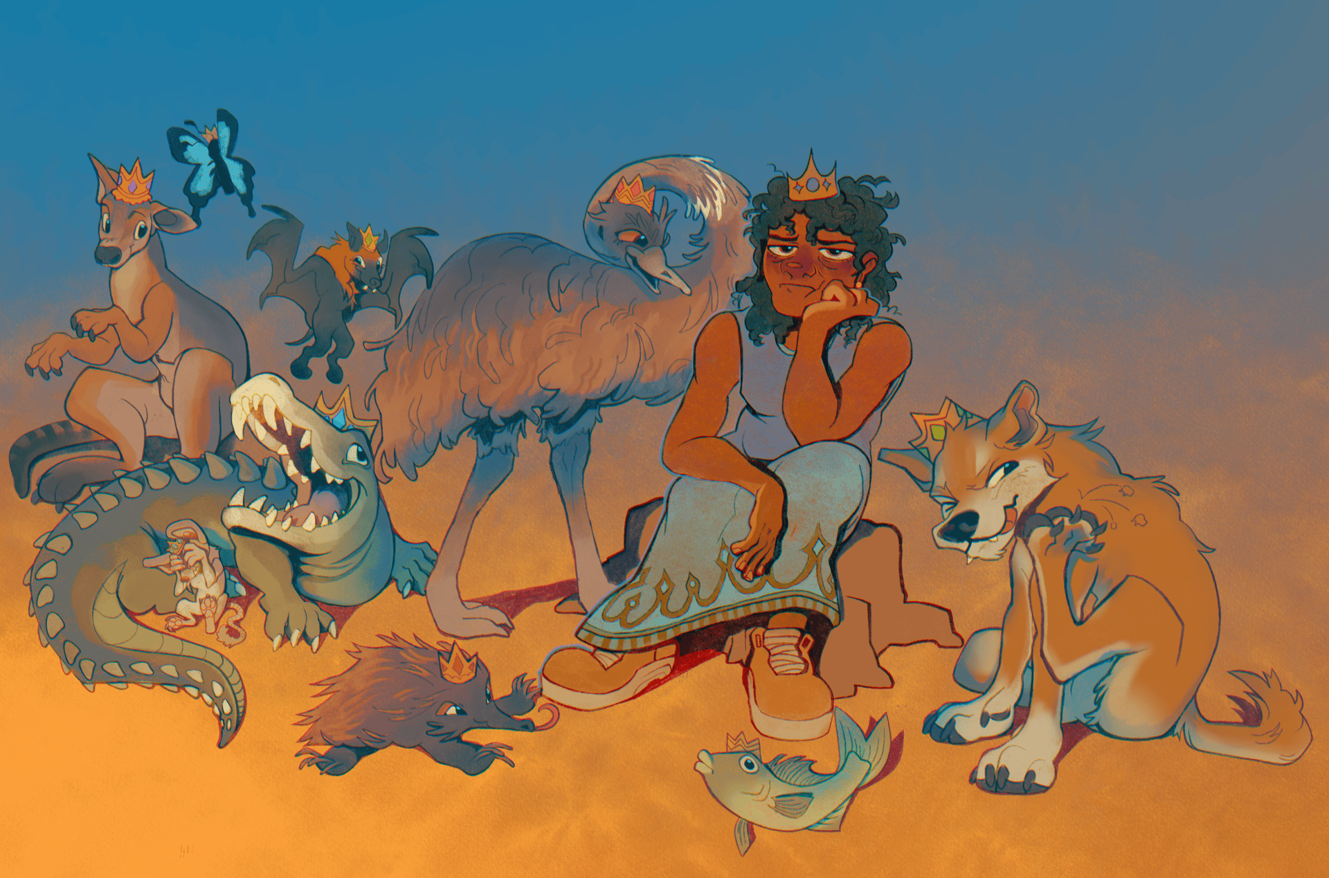 Character illustration created in collaboration with Bus Stop Films, featuring crowned Australian animals and expressive storytelling design