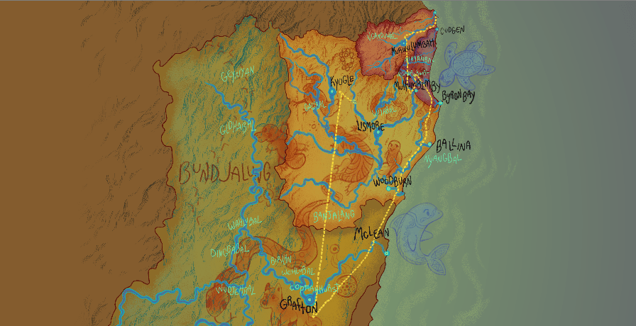 Illustrated Bundjalung Nation cultural map featuring local mobs, totems and languages