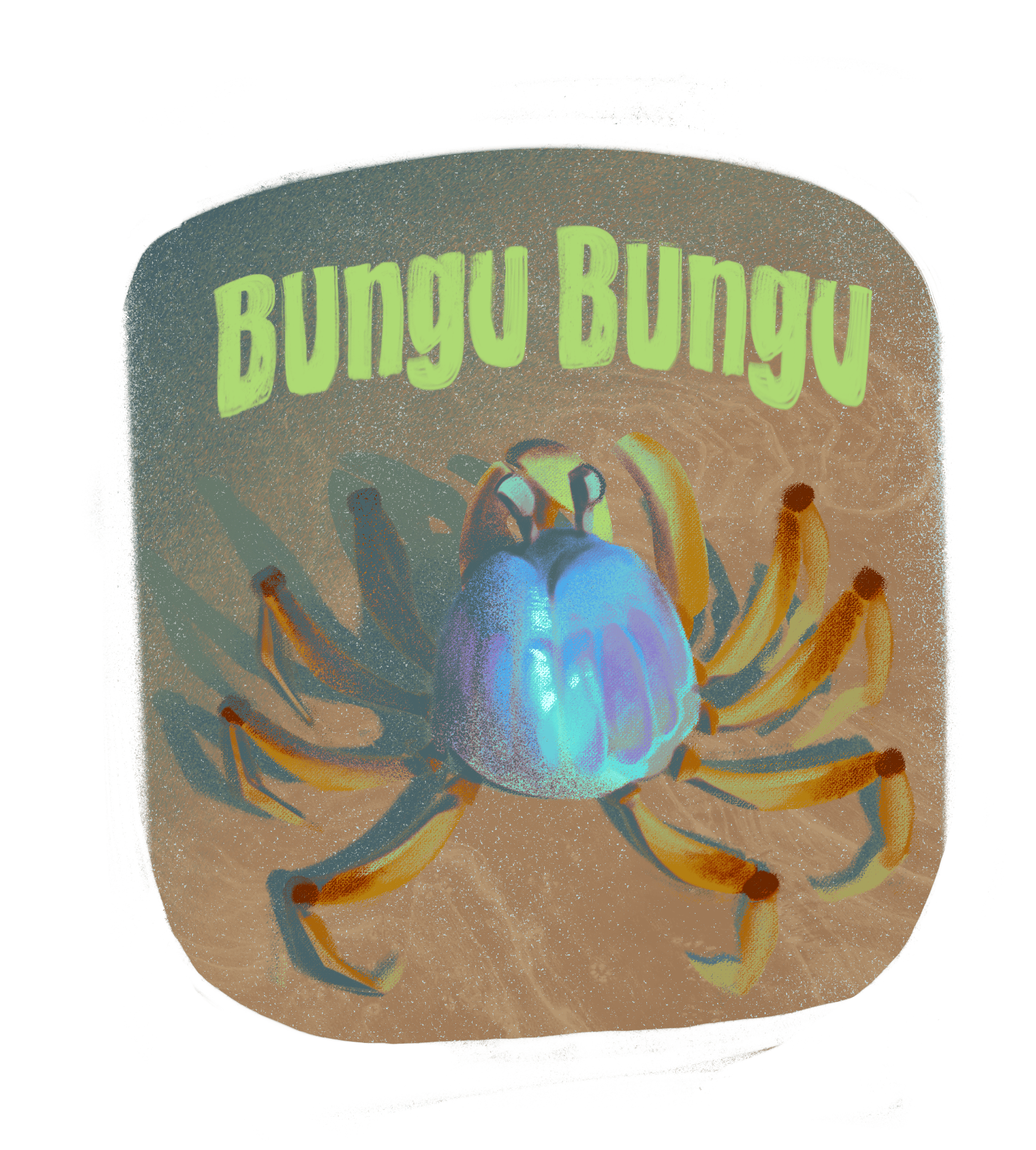 Colourful illustration of a mud crab labelled “Bungu Bungu,” representing Bundjalung language and coastal wildlife education from Northern Rivers ecosystems.