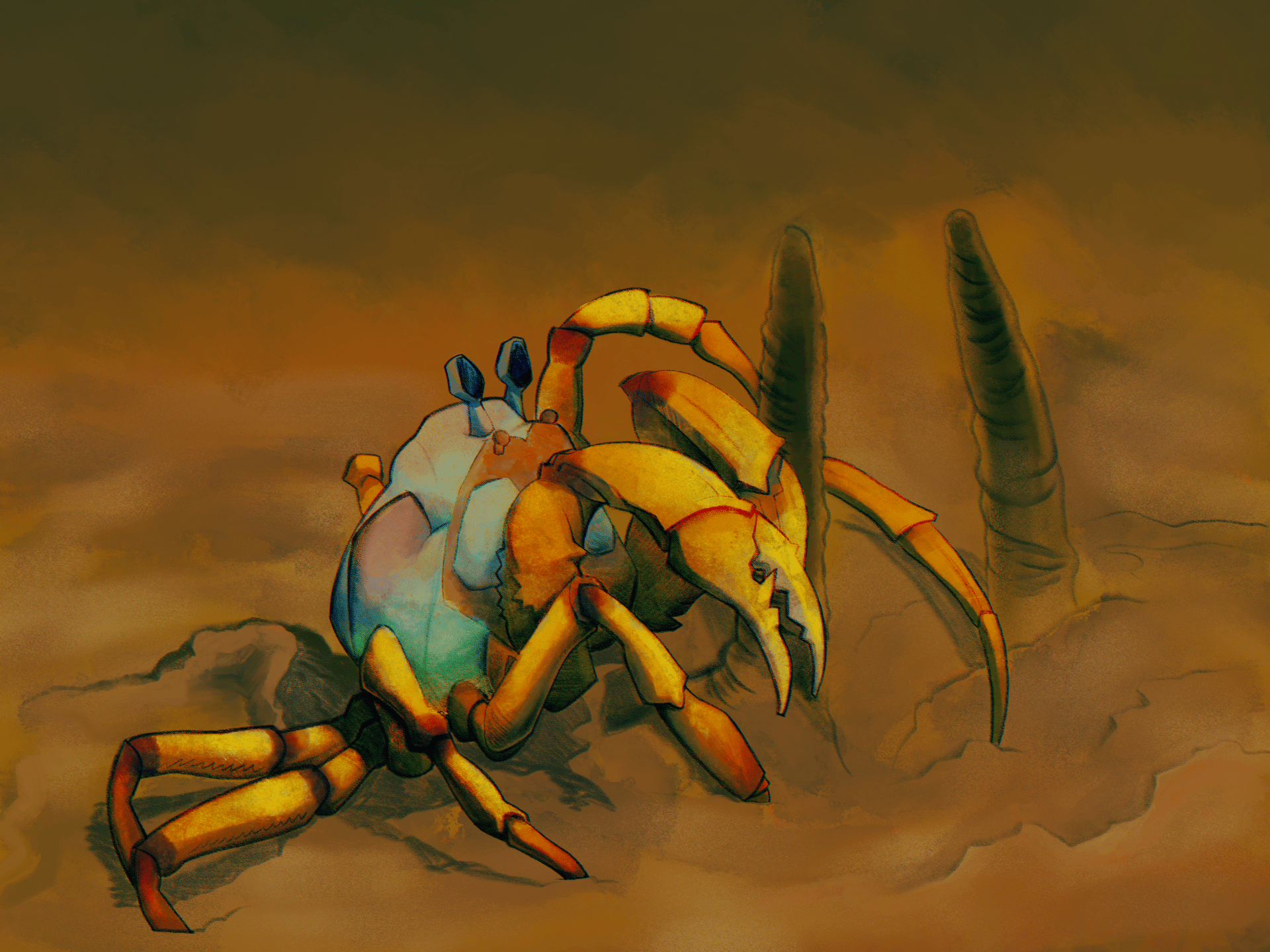 Illustration of a Northern Rivers mud crab emerging from sand, inspired by Australian coastal ecosystems.