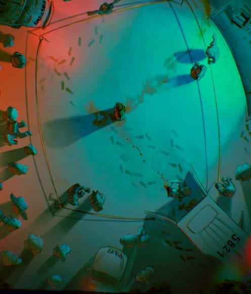 Aerial illustrated scene from Overgrown showing police vehicles and figures surrounding a central character in a dramatic supernatural thriller moment.