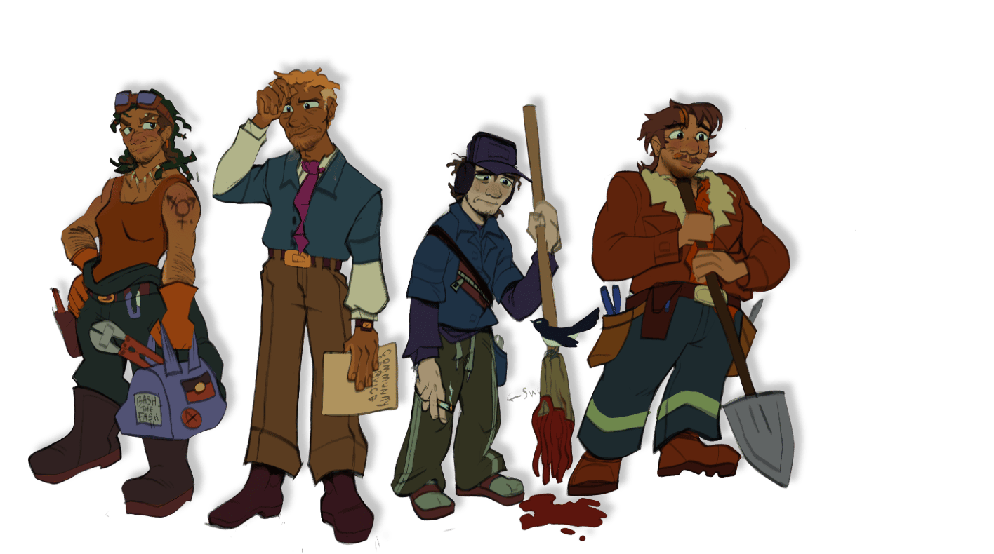 Character lineup illustration from the Overgrown comic featuring Miles, Arlo, Jakq and Beau in full design poses.