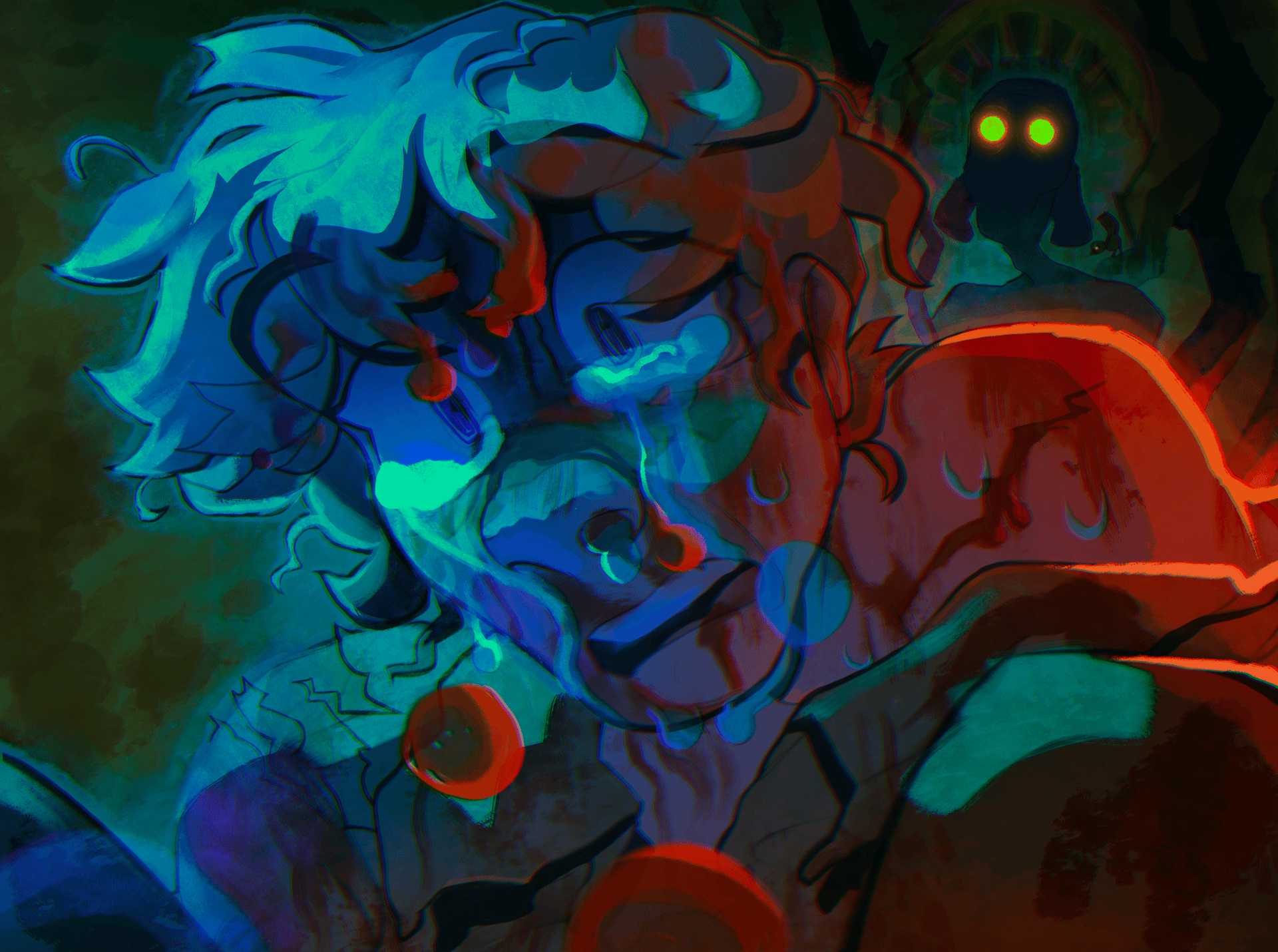 Dark illustrated scene from Overgrown showing a distressed character in a supernatural horror moment with glowing-eyed figure in the background.